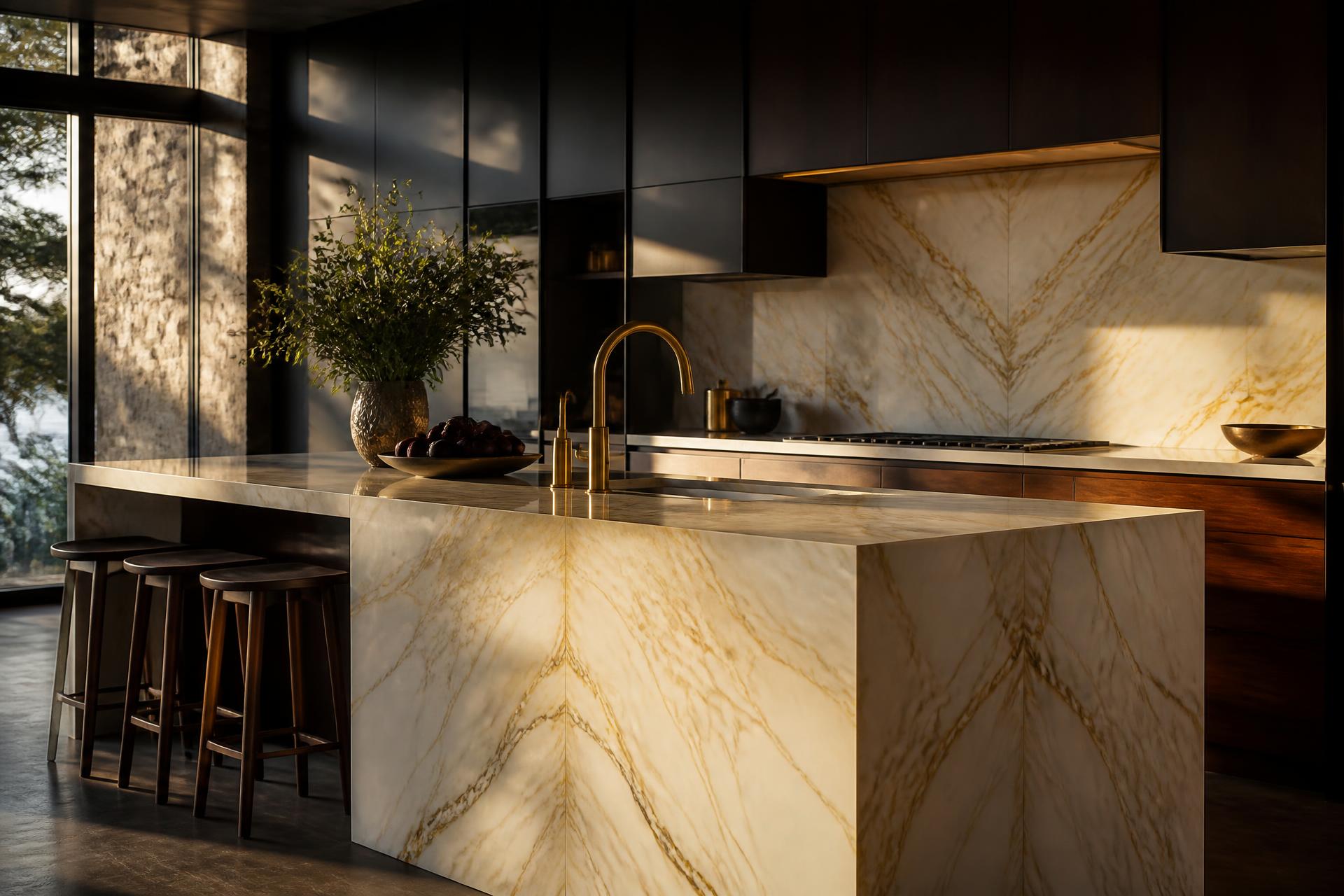 Luxury kitchen with a quartz waterfall island and dramatic stone veining
